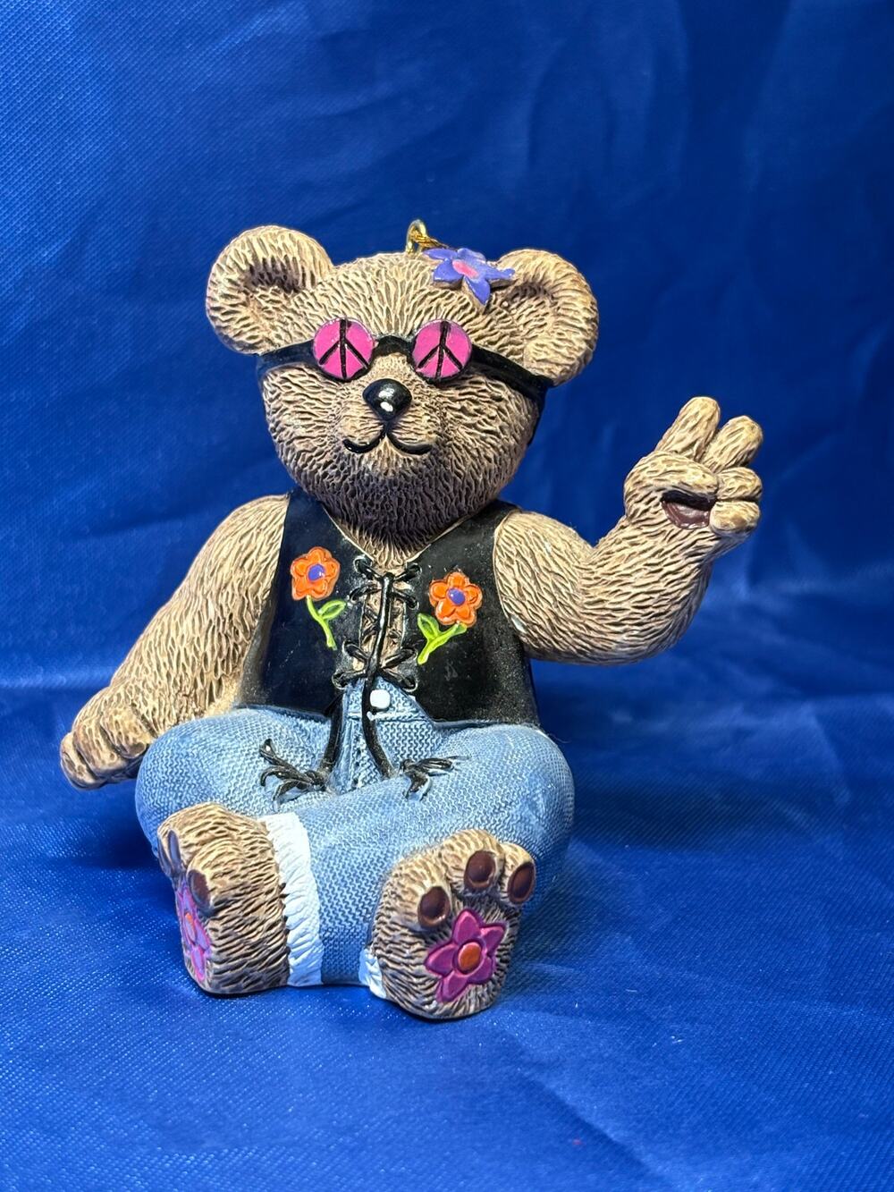 Vintage Clair's Bear With Peace Sign and Vest Ornament 1997